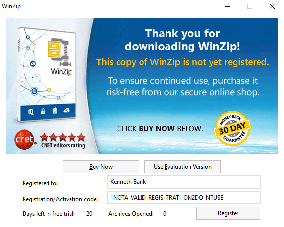 WinZip Registration Reminder dialog
