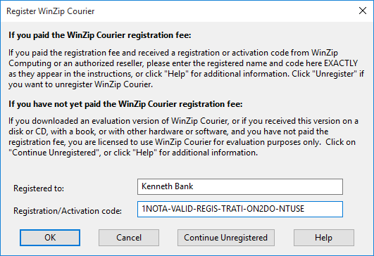 WinZip Courier Registration Dialog