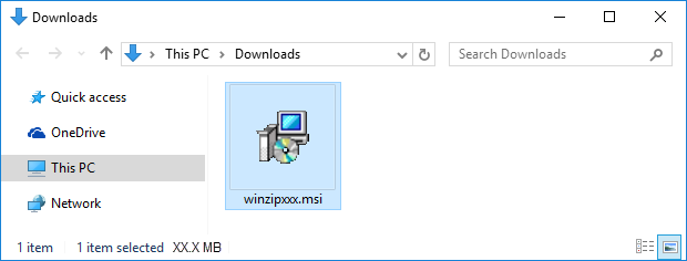 An open folder window with winzipxxx.msi selected