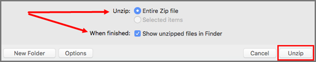 Choose options and click Unzip