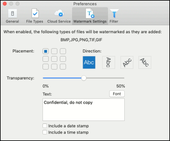 The Preferences dialog - Watermark Settings