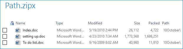 Files in the Zip file pane showing path information