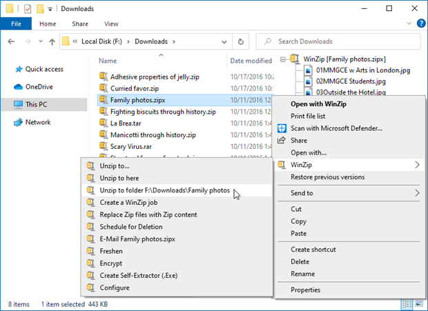 Quick examples of how to unzip with WinZip