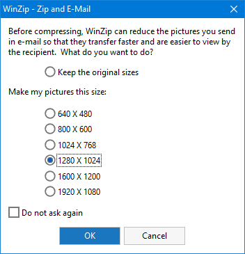 Zip and E-Mail dialog - choose a resize option