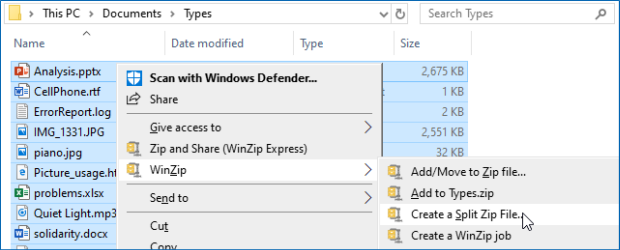 Click Create a Split Zip File