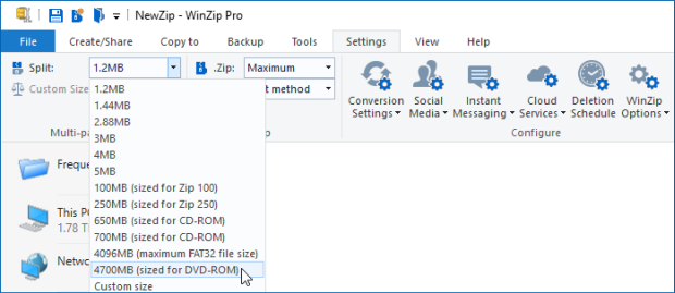 Settings tab showing Split Zip file size options