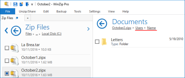October2.zipx contains full folder information (up to the drive letter)