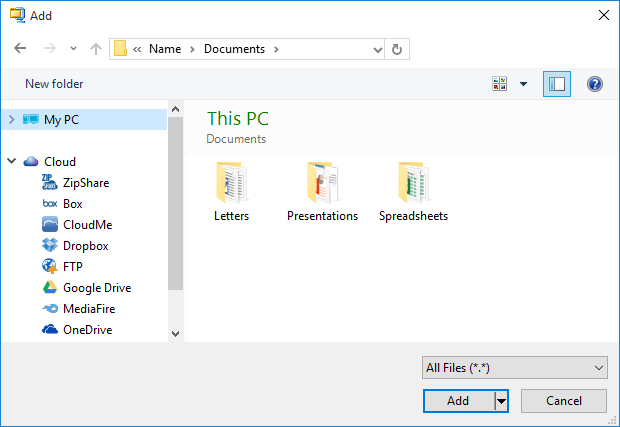 Choose files and folders in the Add dialog