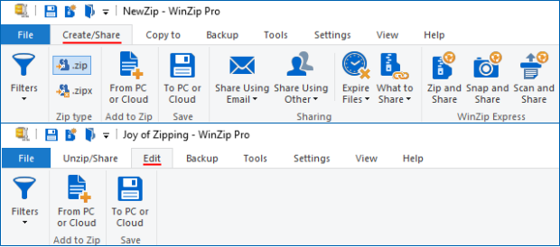 Create/Share (Edit) tab - WinZip Ribbon