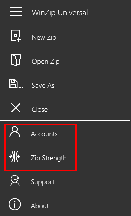 Settings in the WinZip Universal menu