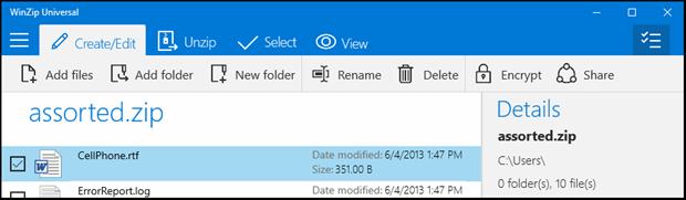 Zip file open in WinZip with a file selected