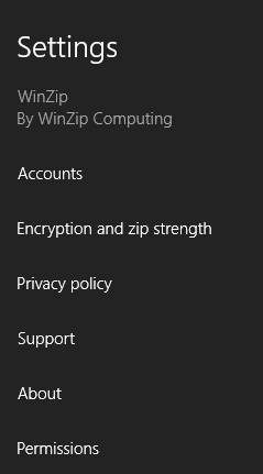 WinZip Settings panel