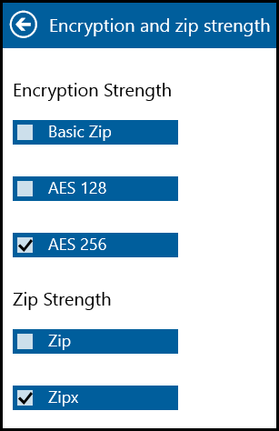 Encryption and zip strength panel