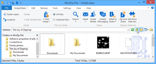 WinZip displays the next folder up from where you were