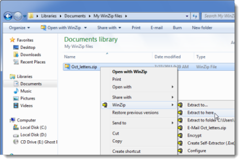 Unzip a folder with the WinZip context menu