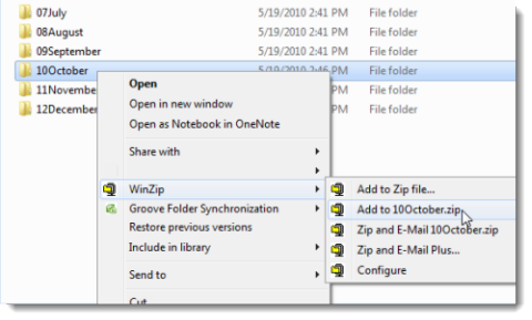 Zip a folder with the WinZip context menu