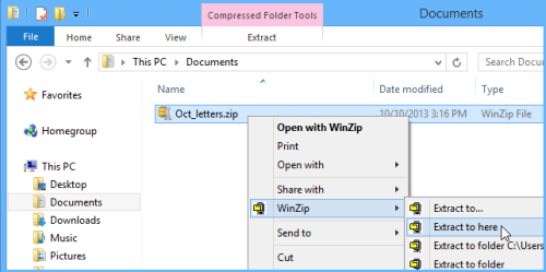 Unzip a folder with the WinZip context menu