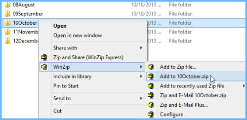 Zip a folder with the WinZip context menu
