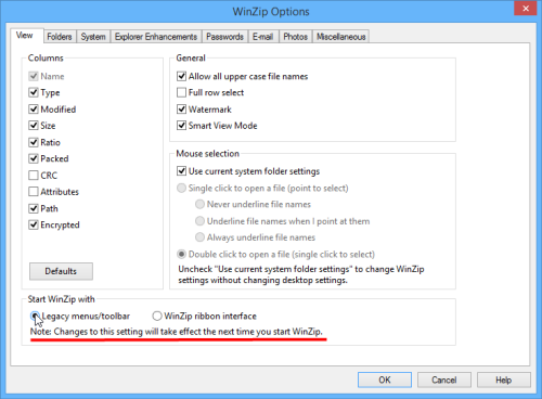 View tab of the WinZip Options dialog