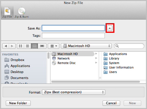 New Zip File dialog