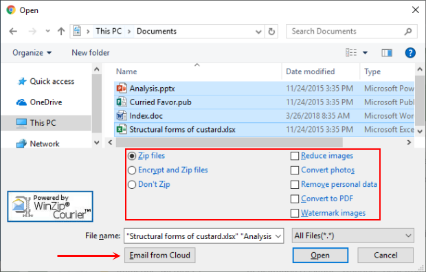 The Open dialog containing WinZip Courier features