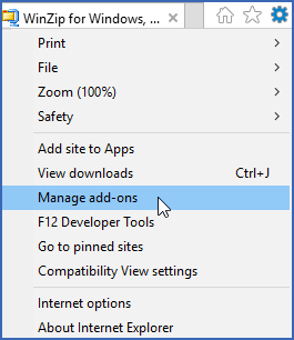 Internet Explorer Tools menu showing Manage add-ons