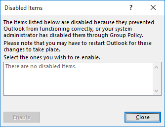 Outlook's Disabled Items dialog