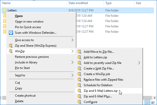Choose Zip and E-Mail from the context menu