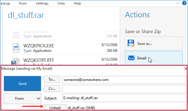 RAR file open in WinZip and Email button clicked