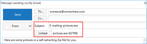 Email sharing a self-extracting Zip file