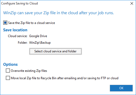 The Configure Saving to Cloud dialog