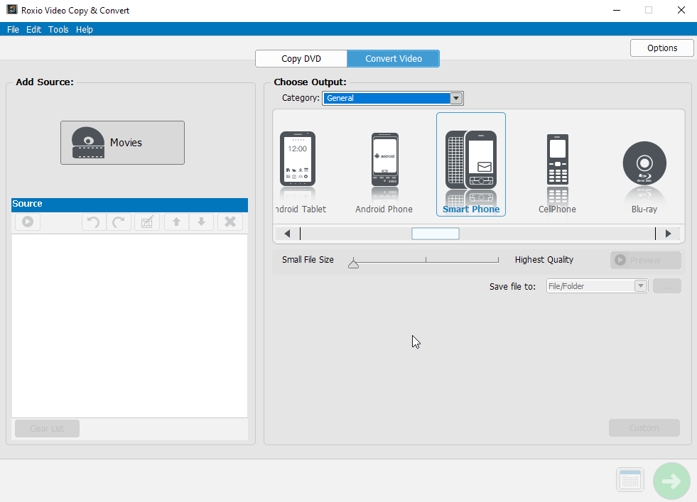 Roxio Video Copy & Convert application window