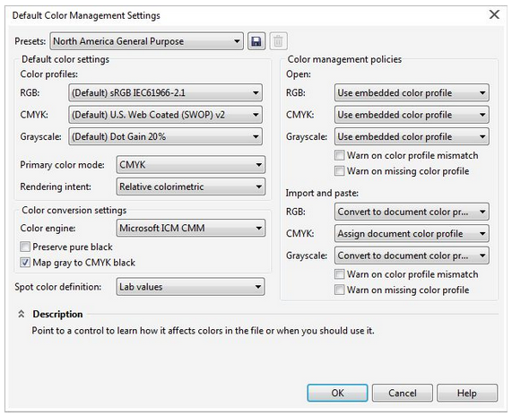 KB Corel Default Application wide And Document level Color Management 