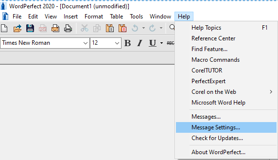 WordPefect Help menu with Message Settings highlighted