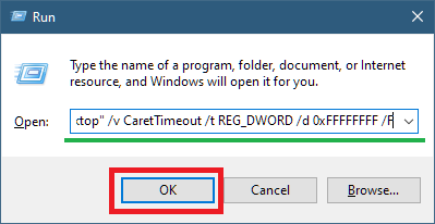 Run dialog with command typed in, ready to click OK (OK is boxed in Red)