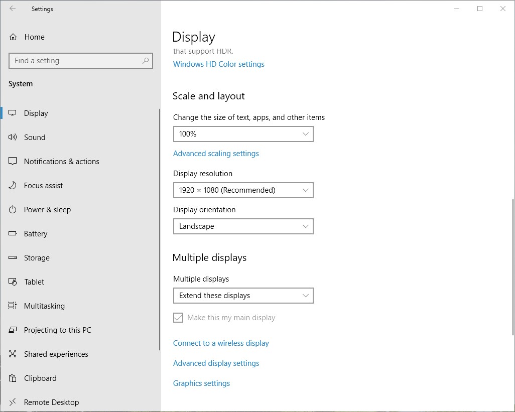 The Scale and layout section of the Display settings window.