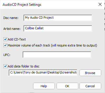 Audio CD Project Settings dialog box