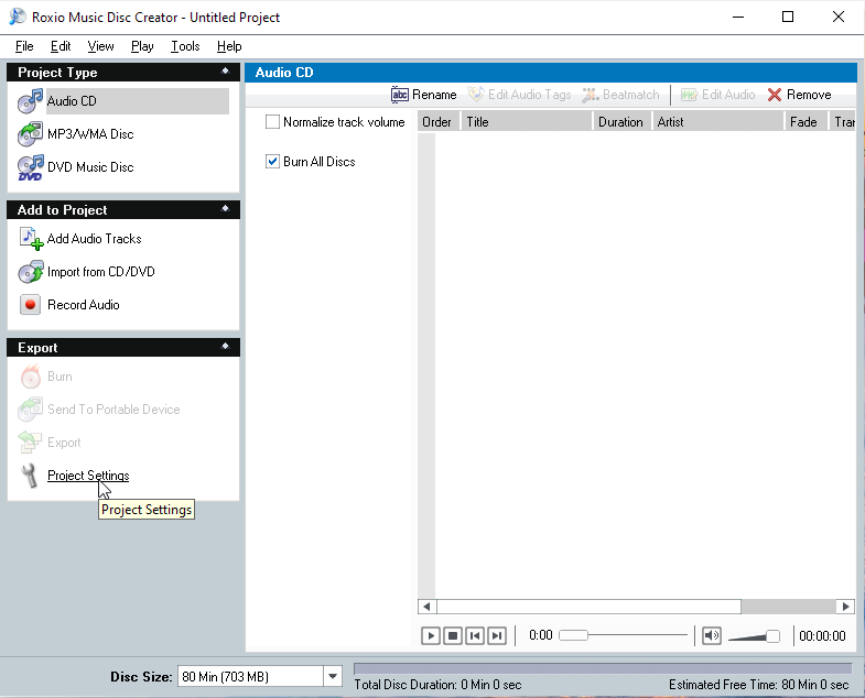 Roxio Music Disc Creator application window