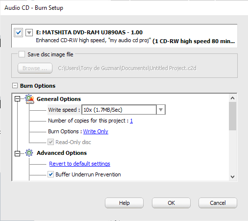 Audio CD Burn Setup dialog box