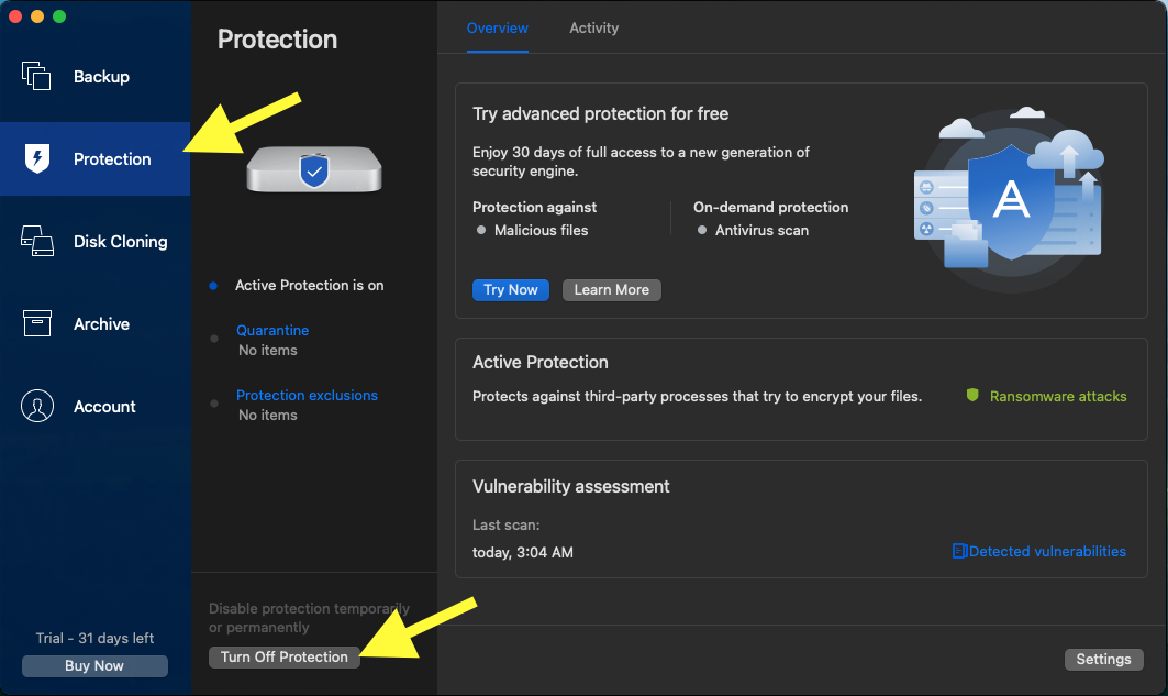 Turning off Acronis protection