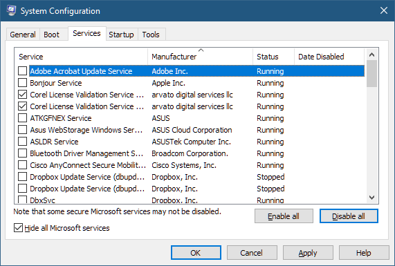 MSConfig application, Services tab, with Hide All Microsoft servcies enabled, and only Corel License Validation Service