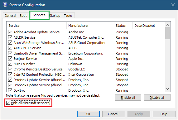 MS Config utility, highlight on Services tab, showing 