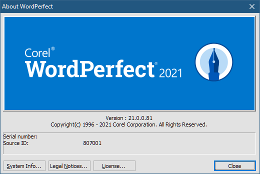 About dialog from WordPerfect, showing version number 21.