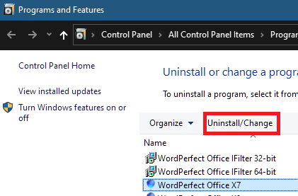 Programs and Features with Uninstall marked
