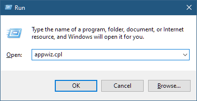 Windows RUN dialog box showing Appwiz.cpl in the OPEN fiield.