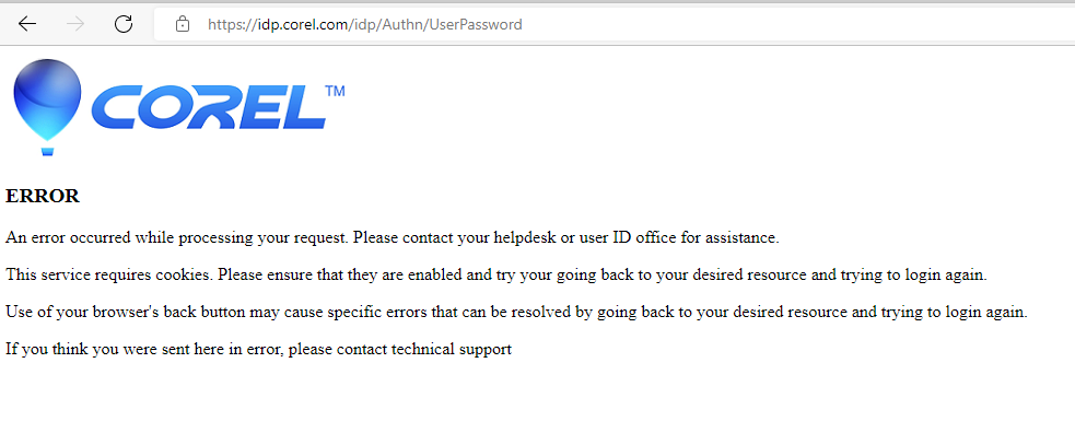 image of Corel sign in error as described above