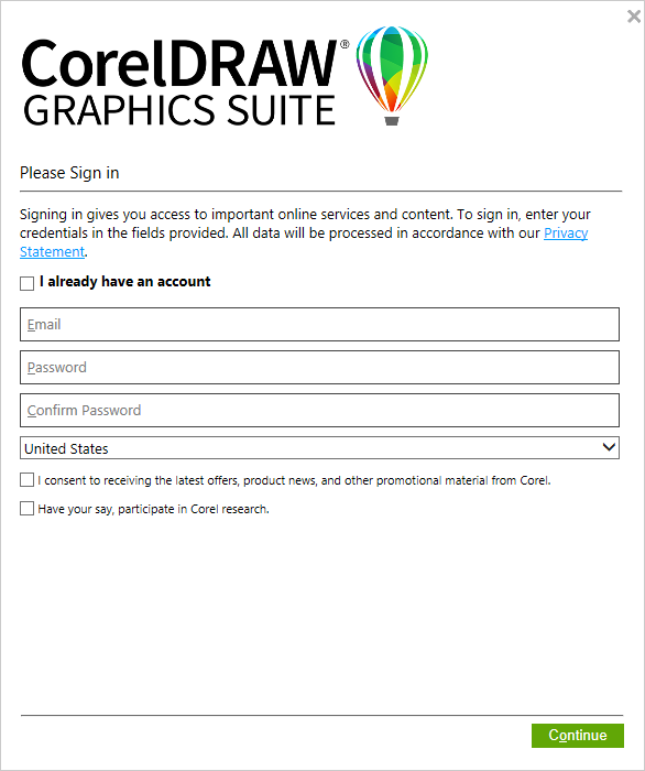 Registration screen for CorelDRAW. Complete the required fields.