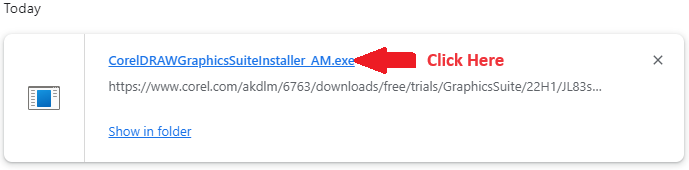 Image showing the downloaded file and where to click in order to start the installer